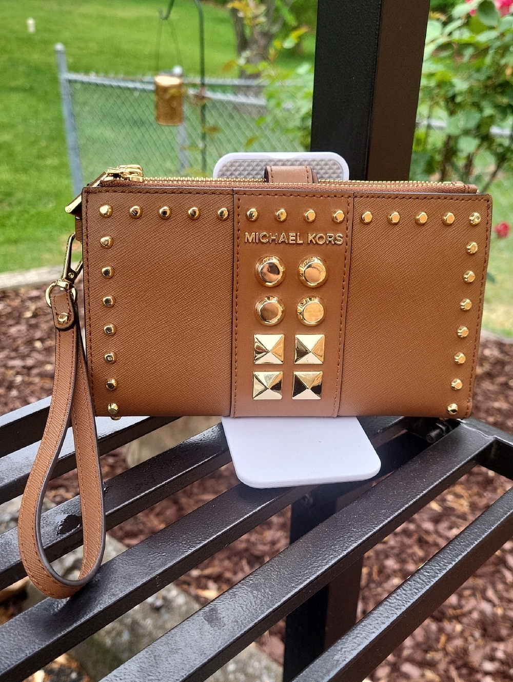 Michael Kors Brown Leather Studded Wristlet Clutch
